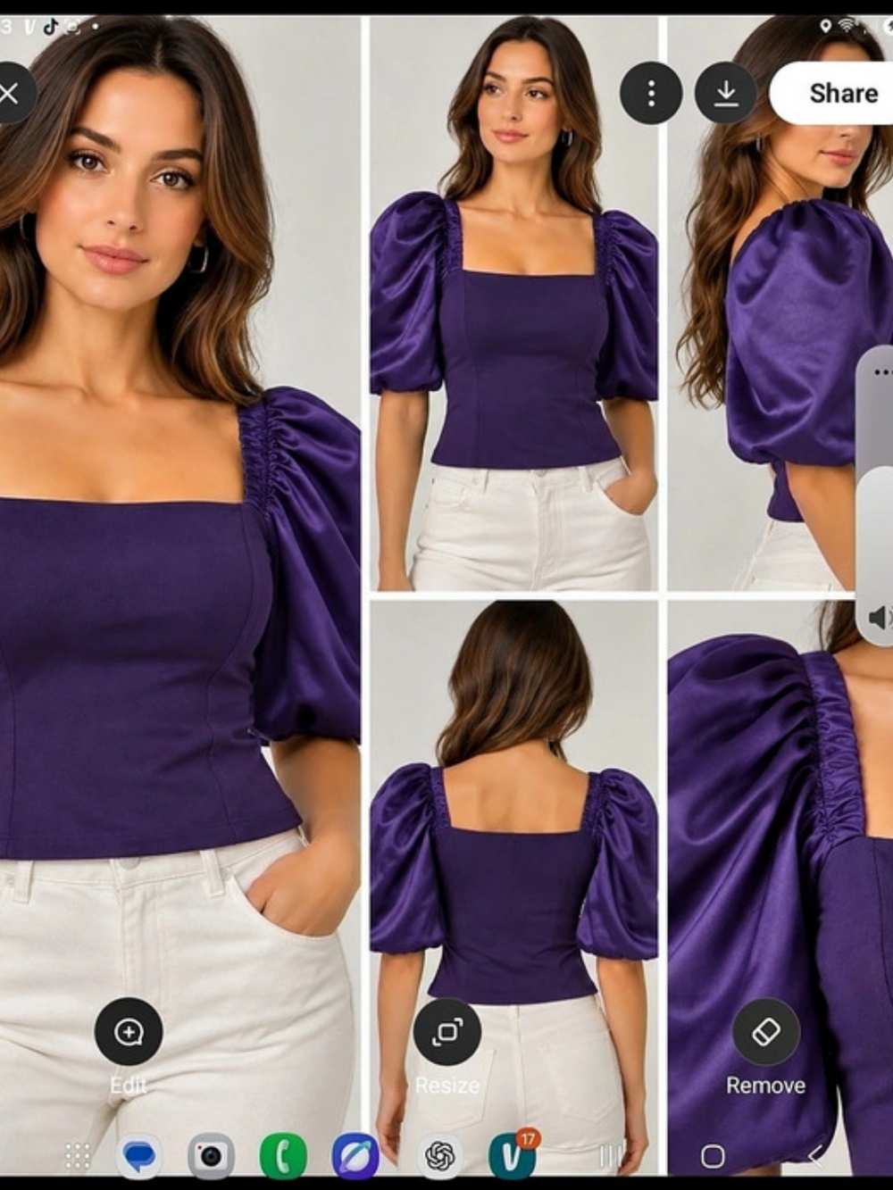 AmyEnjoyLife Square Neck Puff Sleeve Cropped Blouse Purple Small
